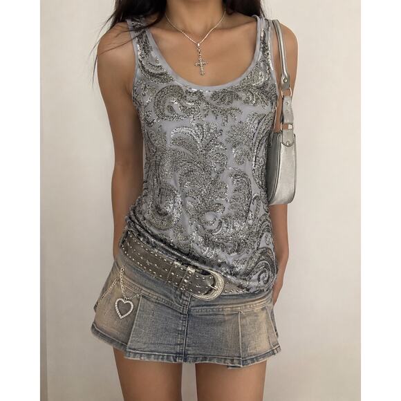 Express Tops - Express Silver Sequin Swirl Tank Top Y2K Glam Metallic Party Indie M Gray